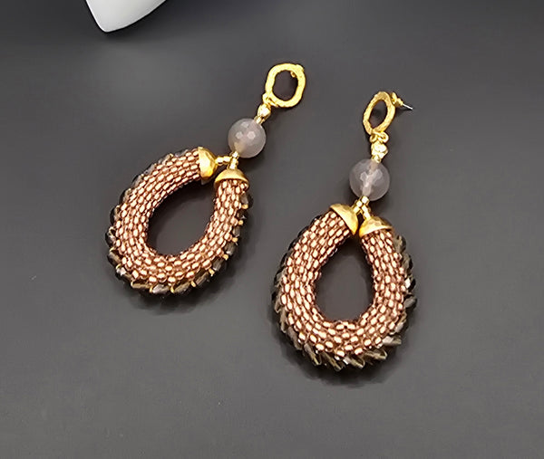 Beaded Crochet Hoop Earrings - Copper/Neutral