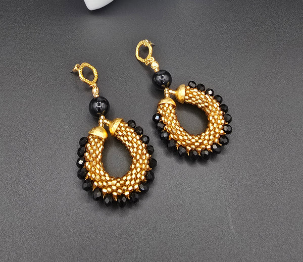 Beaded Crochet Hoop Earrings - Gold/Black