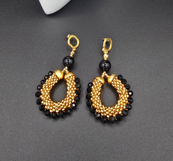 Beaded Crochet Hoop Earrings - Gold/Black