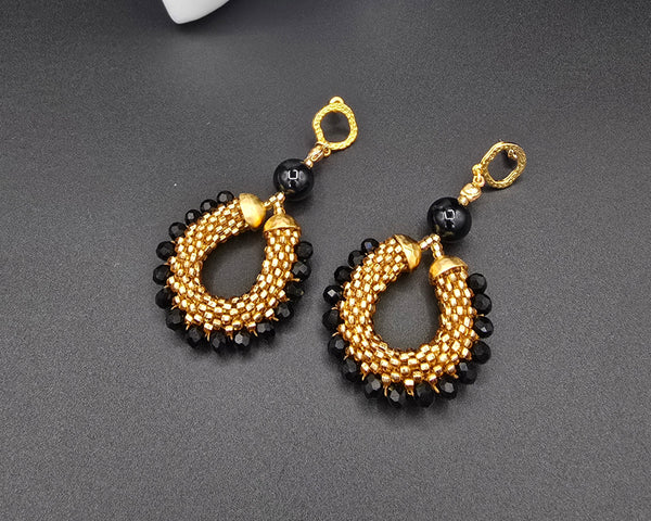 Beaded Crochet Hoop Earrings - Gold/Black