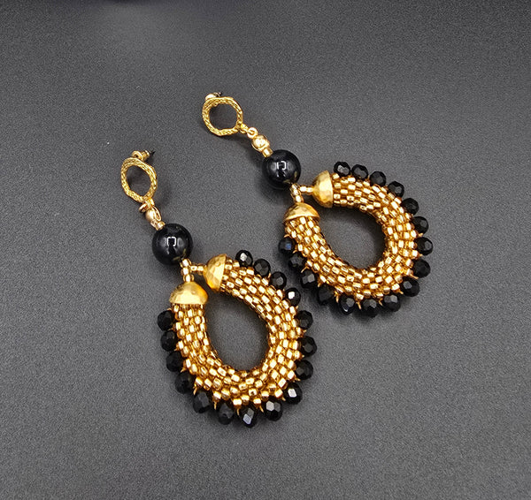 Beaded Crochet Hoop Earrings - Gold/Black