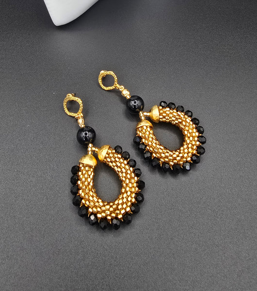 Beaded Crochet Hoop Earrings - Gold/Black