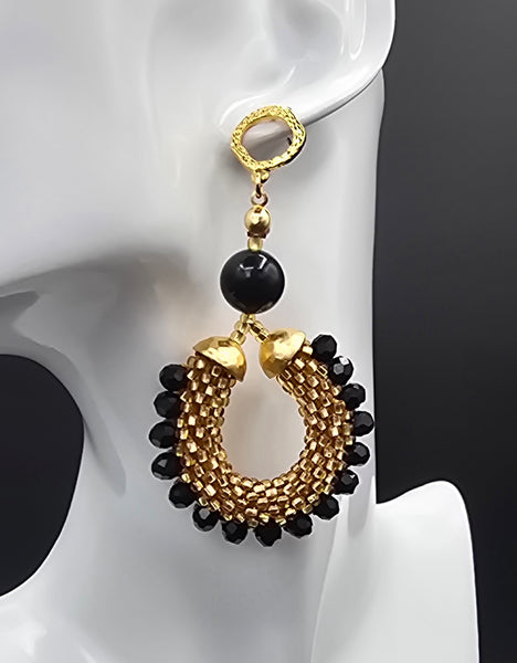 Beaded Crochet Hoop Earrings - Gold/Black