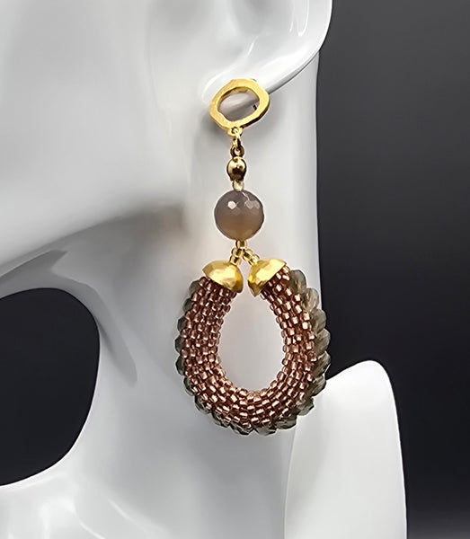 Beaded Crochet Hoop Earrings - Copper/Neutral