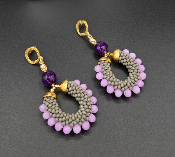 Beaded Crochet Hoop Earrings - Grey/Purple