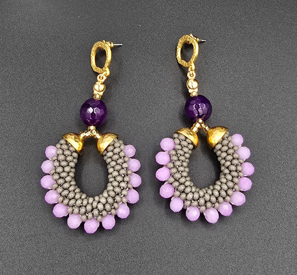 Beaded Crochet Hoop Earrings - Grey/Purple