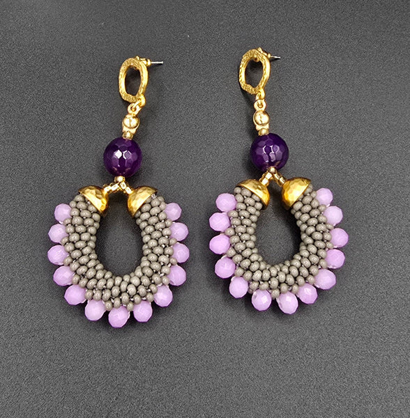 Beaded Crochet Hoop Earrings - Grey/Purple