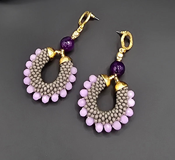 Beaded Crochet Hoop Earrings - Grey/Purple