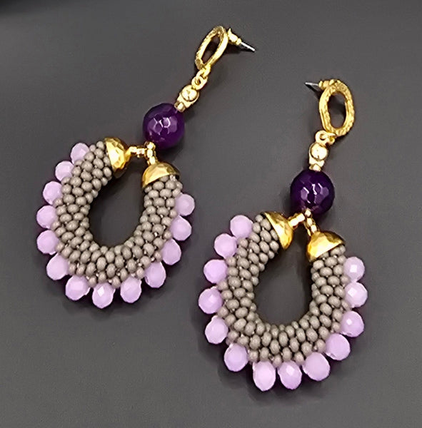 Beaded Crochet Hoop Earrings - Grey/Purple