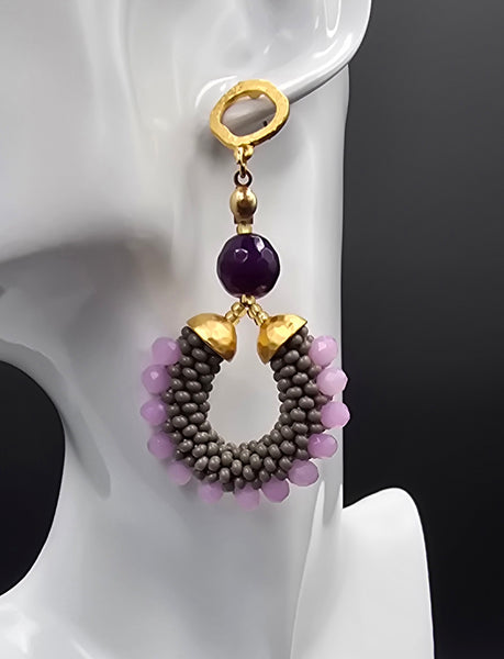 Beaded Crochet Hoop Earrings - Grey/Purple