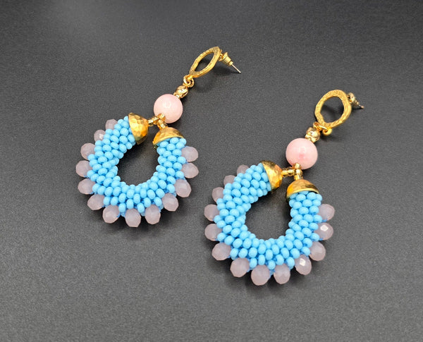 Beaded Crochet Hoop Earrings - Blue/Pink