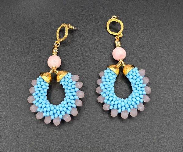 Beaded Crochet Hoop Earrings - Blue/Pink