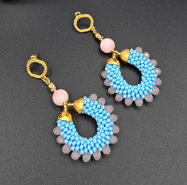 Beaded Crochet Hoop Earrings - Blue/Pink