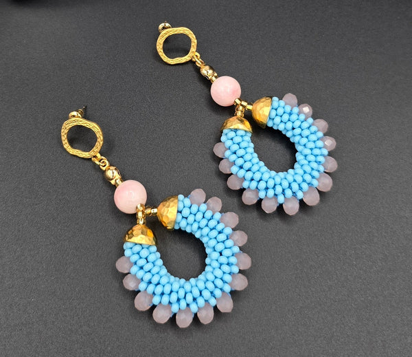 Beaded Crochet Hoop Earrings - Blue/Pink