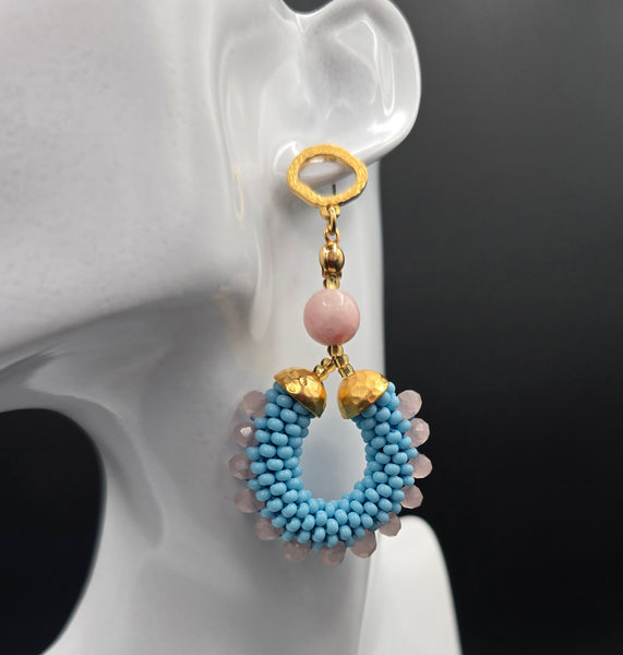 Beaded Crochet Hoop Earrings - Blue/Pink