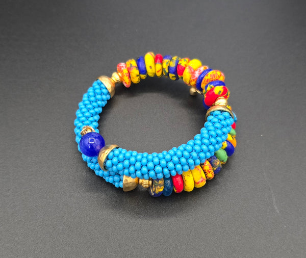 Beaded Crochet Bangle - Krobo Combo - Turquoise/Multi