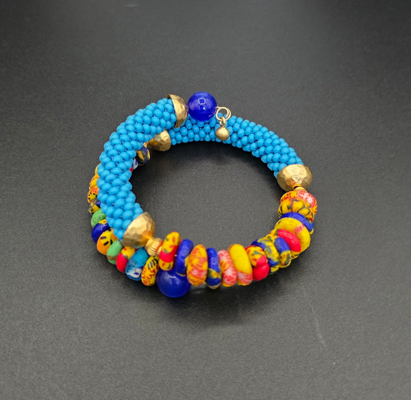 Beaded Crochet Bangle - Krobo Combo - Turquoise/Multi