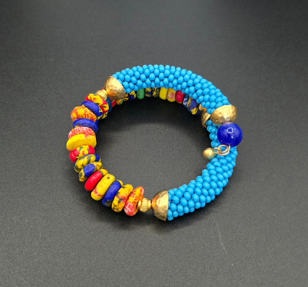Beaded Crochet Bangle - Krobo Combo - Turquoise/Multi