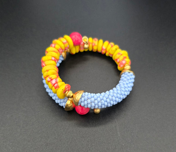 Beaded Crochet Bangle - Krobo Combo - Light Blue/Yellow Multi