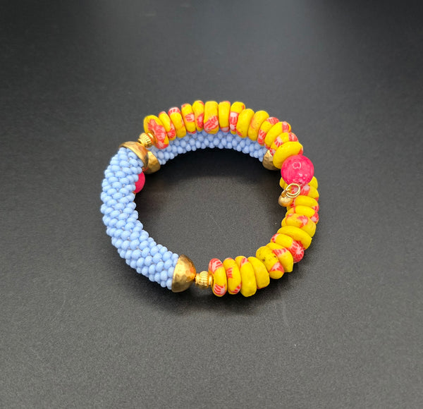 Beaded Crochet Bangle - Krobo Combo - Light Blue/Yellow Multi