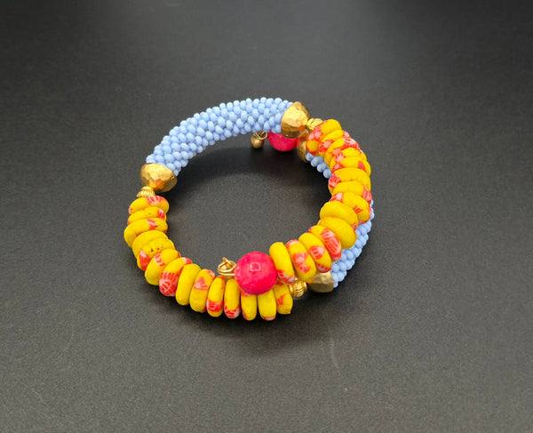 Beaded Crochet Bangle - Krobo Combo - Light Blue/Yellow Multi