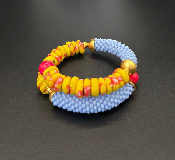 Beaded Crochet Bangle - Krobo Combo - Light Blue/Yellow Multi