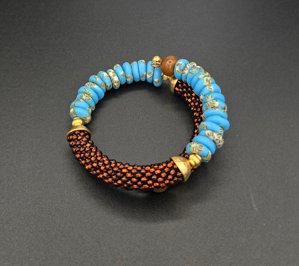 Beaded Crochet Bangle - Krobo Combo - Brown/Blue Multi