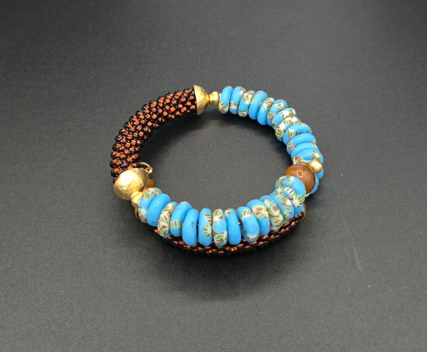 Beaded Crochet Bangle - Krobo Combo - Brown/Blue Multi