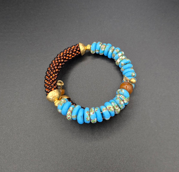 Beaded Crochet Bangle - Krobo Combo - Brown/Blue Multi