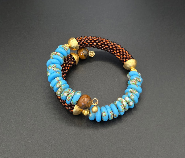 Beaded Crochet Bangle - Krobo Combo - Brown/Blue Multi