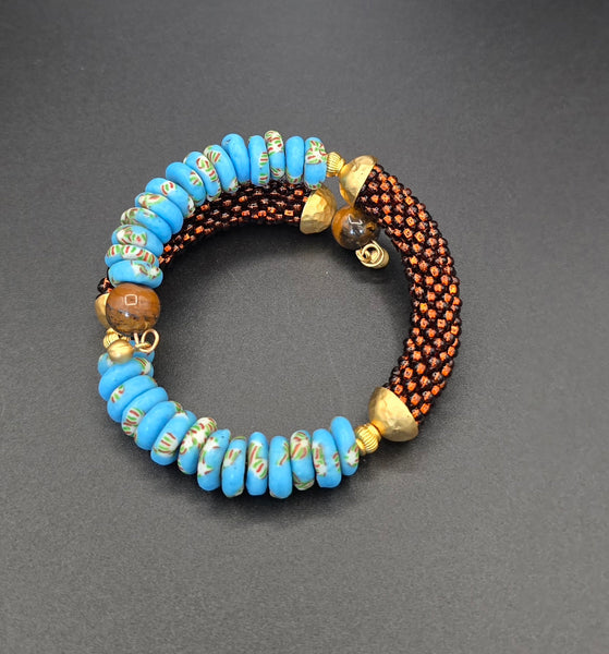 Beaded Crochet Bangle - Krobo Combo - Brown/Blue Multi