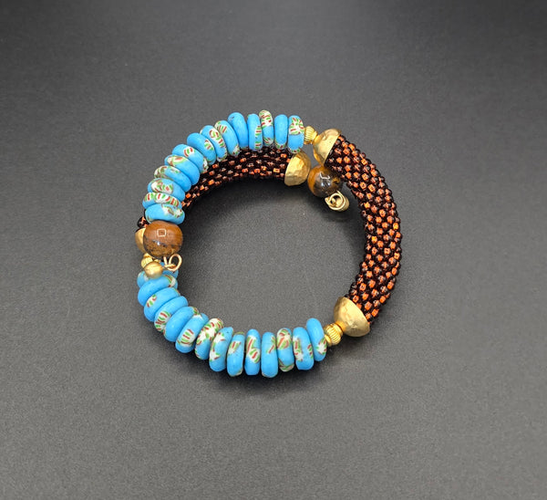 Beaded Crochet Bangle - Krobo Combo - Brown/Blue Multi