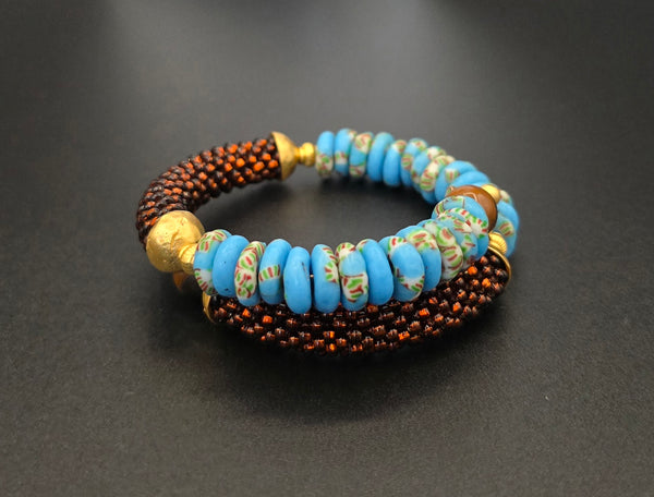 Beaded Crochet Bangle - Krobo Combo - Brown/Blue Multi