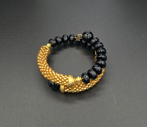 Beaded Crochet Bangle - Onyx Combo - Gold/Black
