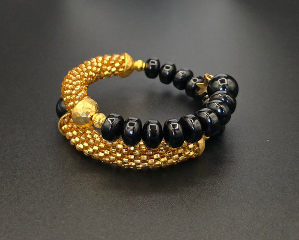 Beaded Crochet Bangle - Onyx Combo - Gold/Black