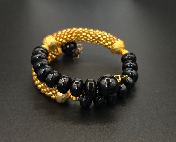 Beaded Crochet Bangle - Onyx Combo - Gold/Black