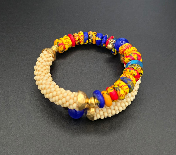 Beaded Crochet Bangle - Krobo Combo - Tan/Multi