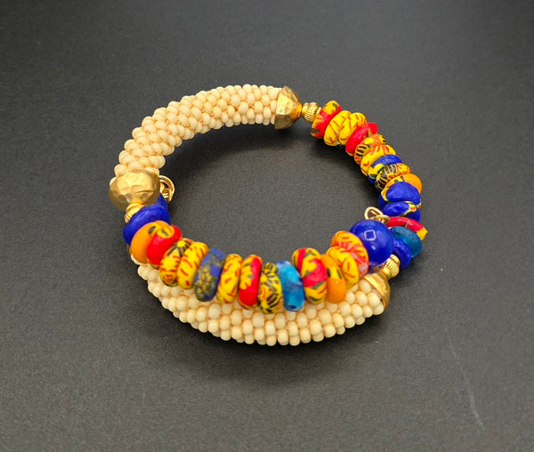 Beaded Crochet Bangle - Krobo Combo - Tan/Multi
