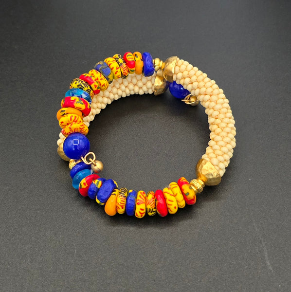 Beaded Crochet Bangle - Krobo Combo - Tan/Multi