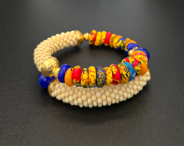 Beaded Crochet Bangle - Krobo Combo - Tan/Multi