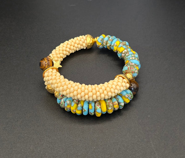 Beaded Crochet Bangle - Krobo Combo - Tan/Blue Multi