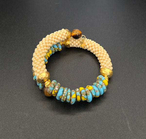 Beaded Crochet Bangle - Krobo Combo - Tan/Blue Multi