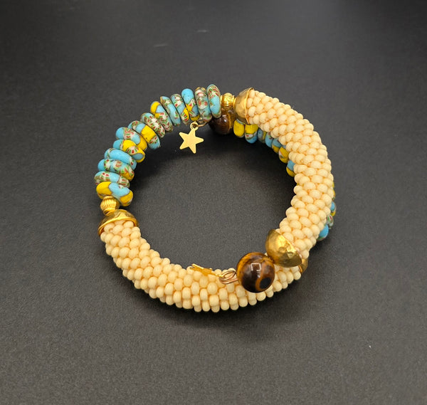 Beaded Crochet Bangle - Krobo Combo - Tan/Blue Multi