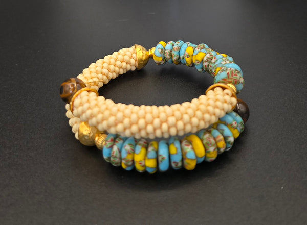 Beaded Crochet Bangle - Krobo Combo - Tan/Blue Multi