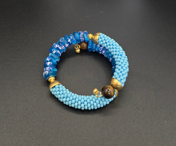Beaded Crochet Bangle - Krobo Combo - Blue Multi