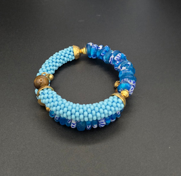 Beaded Crochet Bangle - Krobo Combo - Blue Multi