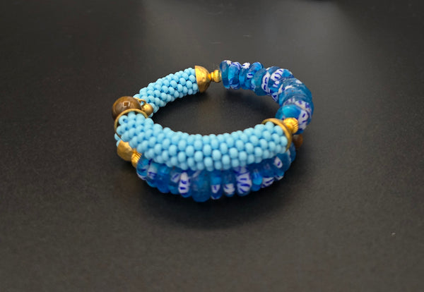 Beaded Crochet Bangle - Krobo Combo - Blue Multi