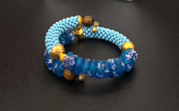 Beaded Crochet Bangle - Krobo Combo - Blue Multi