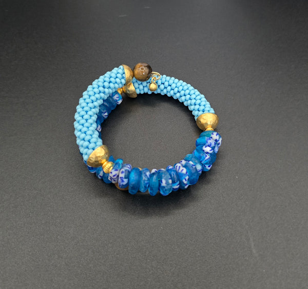 Beaded Crochet Bangle - Krobo Combo - Blue Multi