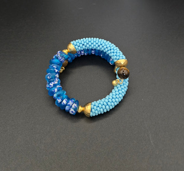 Beaded Crochet Bangle - Krobo Combo - Blue Multi